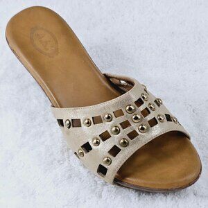 Italina Laser Cut Sueded Gold Studded Wedge Slide Sandals Size 10M